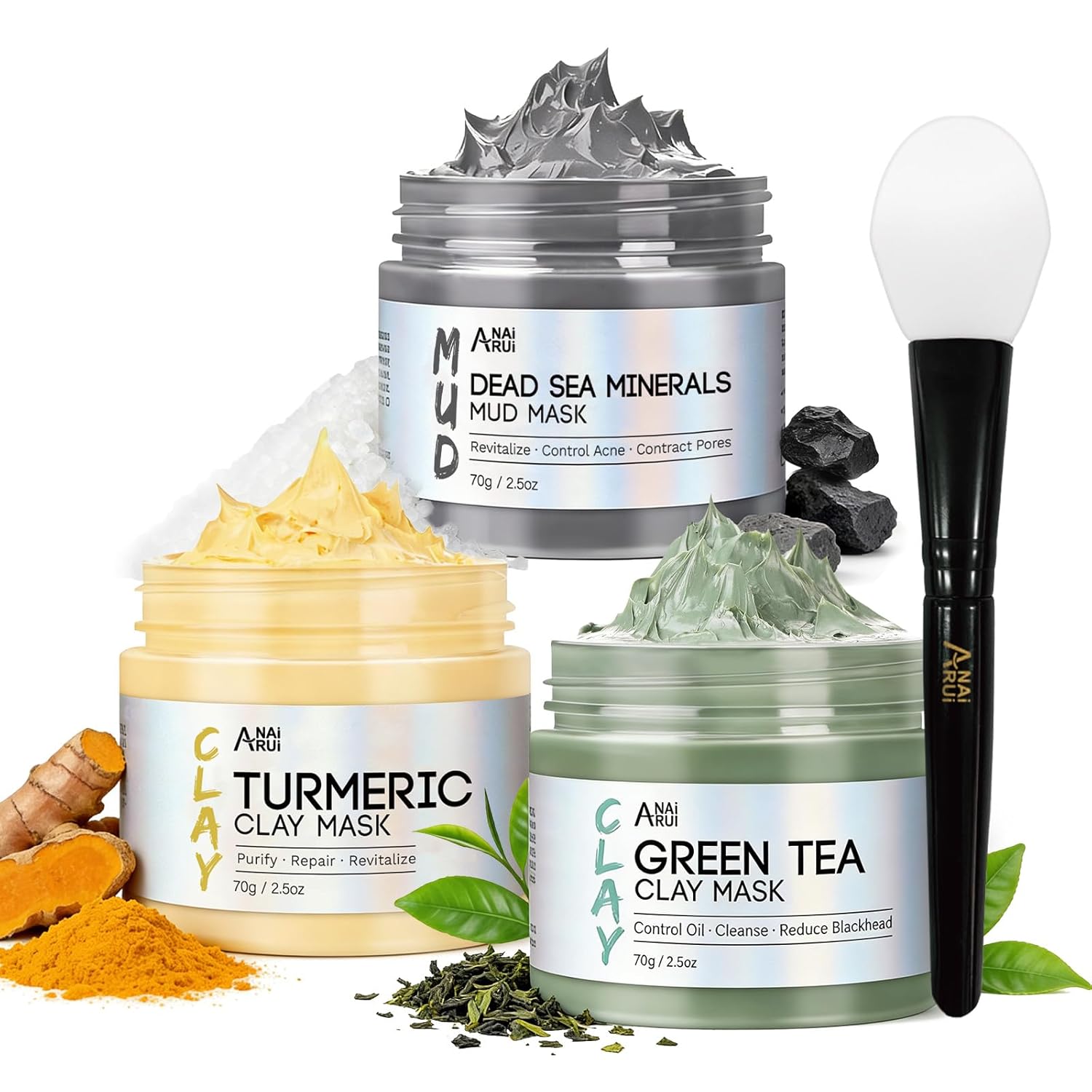 ANAI RUI 3 Pcs Face Mask Set - Turmeric Clay Mask - Green Tea Face Mask - Dead Sea Mud Mask for Oily Skin, Blackheads & Pores -Spa Gift Set Self Care for Women Teens 2.5 oz Each