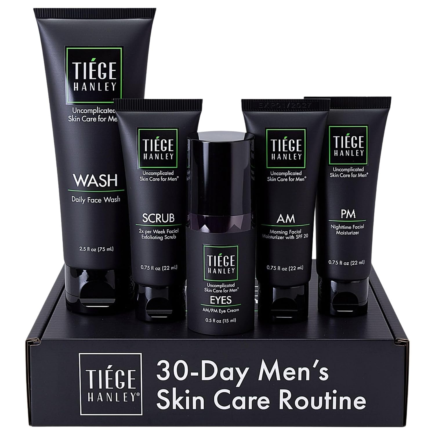Tiege Hanley Advanced Men's Skin Care Set, 30-Day, 5 Piece Kit | Level 2 Advanced Routine, Daily Face Wash, Facial Scrub, Eye Cream, AM SPF & PM Moisturizers