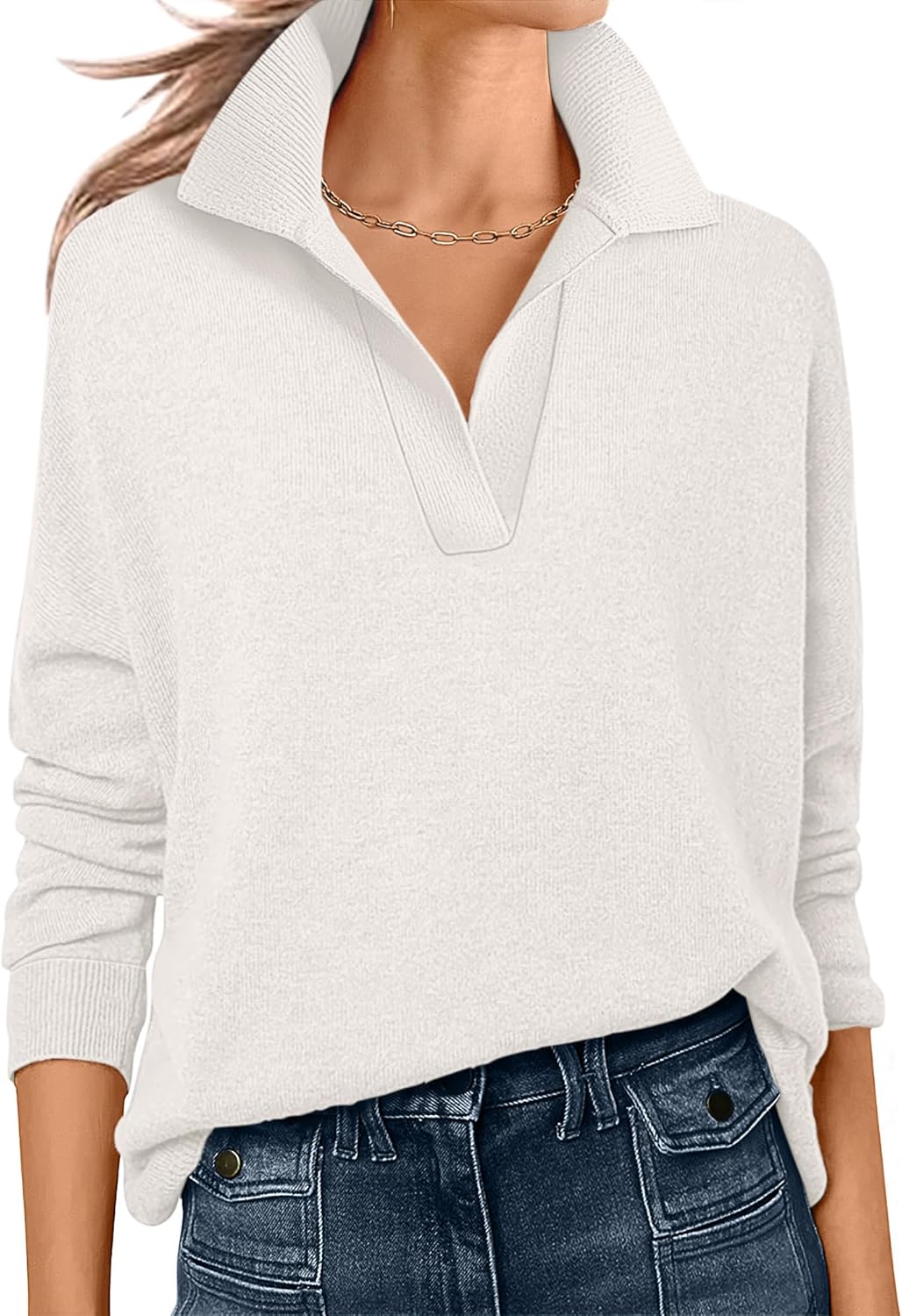 ANRABESS Womens Polo V Neck Long Sleeve Sweaters Lightweight Dressy Casual Business Basic Knit Pullover Top 2026 Fall Outfits