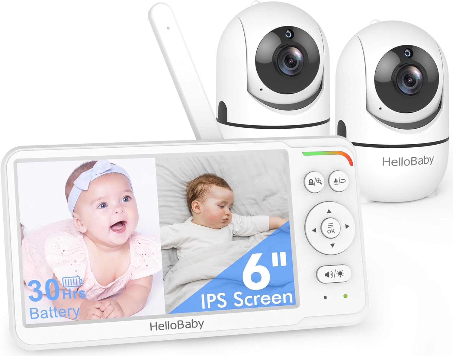 HelloBaby Baby Monitor with 2 Cameras, World First 6" IPS Split Screen, Double Cams No WiFi, 30H Battery, 1000ft Range, 2-Way Audio, Pan-Tilt-Zoom, VOX, Night Vision, 8 Lullabies, Ideal for Twins