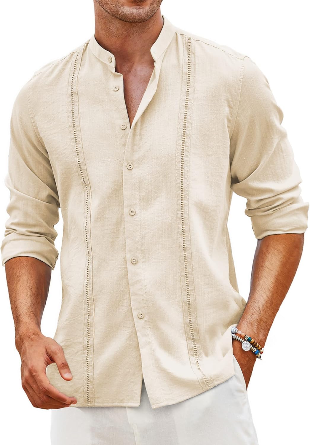 COOFANDY Men's Cuban Guayabera Shirt Casual Long Sleeve Button Down Shirts Band Collar Linen Summer Beach Shirt