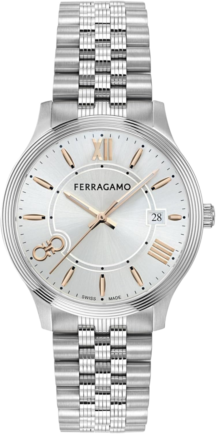 Ferragamo Duo Men’s Watch, Swiss Made Luxury Designer Watch for Men with Silver Sunray Dial, Silver 40mm Stainless Steel Case, Stainless Steel Bracelet, Deployant Clasp, 5 ATM