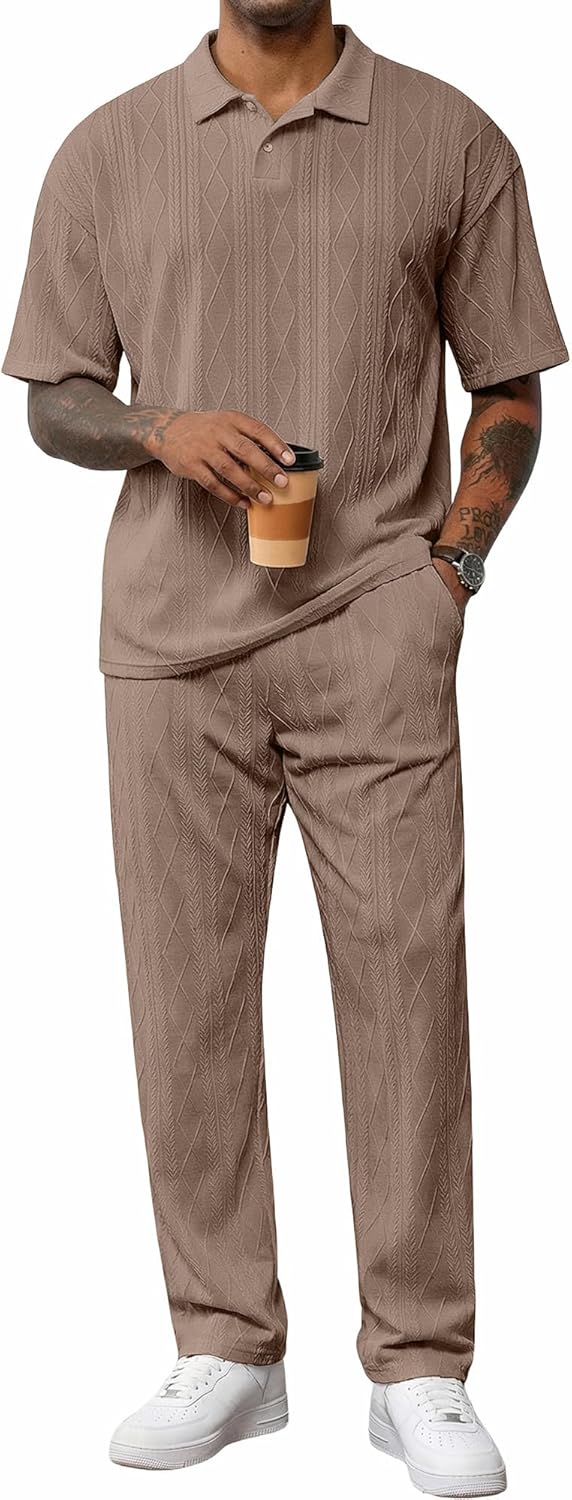 JMIERR Mens Two Piece Outfits Short Sleeve Polo Shirts & Loose Pants Sets Casual Summer Textured Suits