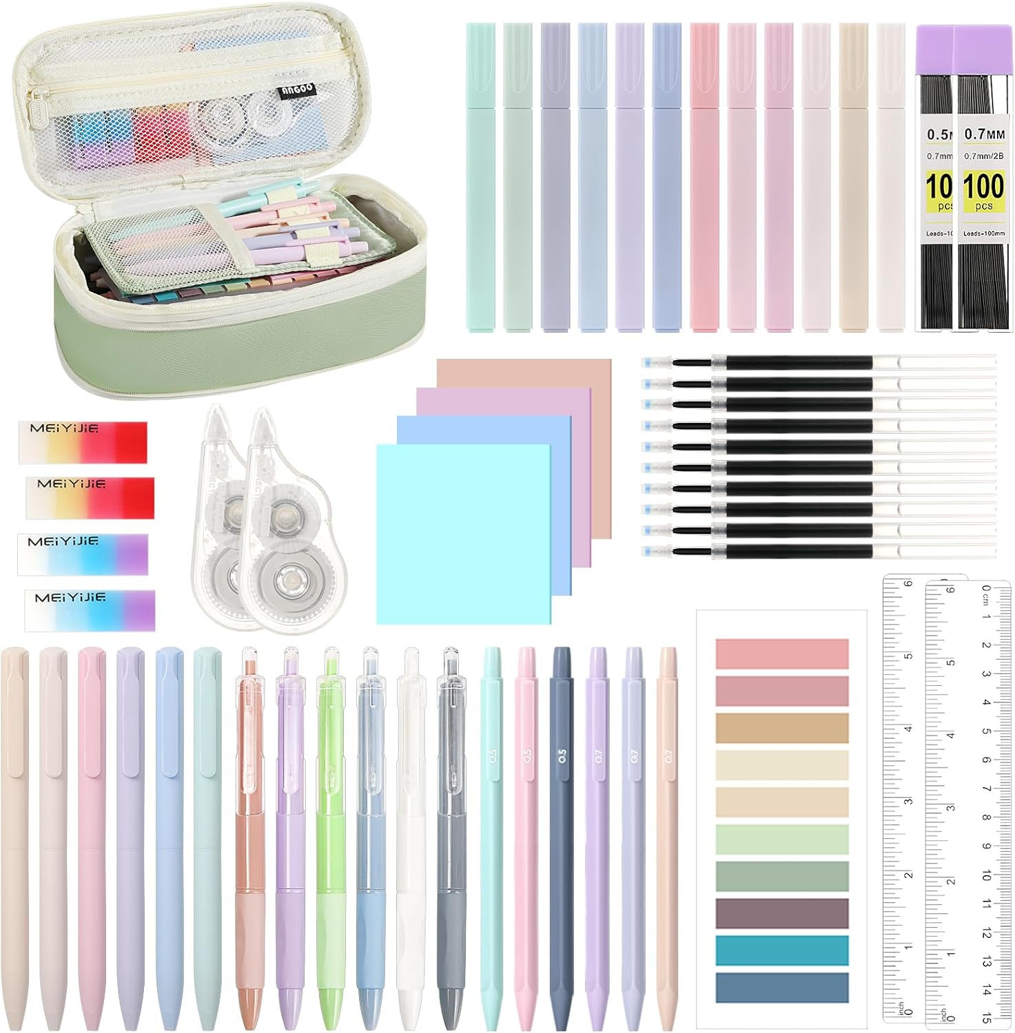 MoKo Pencil Case with Supplies, 56Pcs Aesthetic School Set, Green | Includes 12 gel pens, 12 highlighters, 6 mechanical pencils, refills, sticky notes, index tabs, rulers and correction tapes.