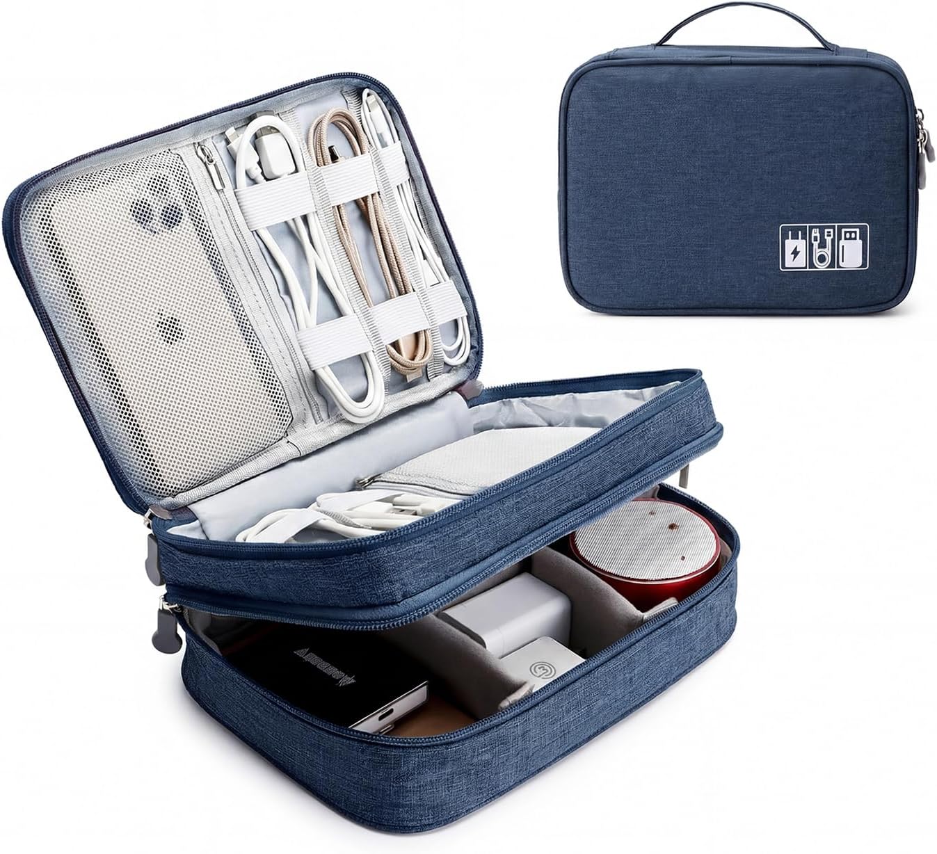 Lanola Travel Cable Organizer Bag, Electronic Accessories Case Portable Double Layer Cable Storage Bag for Cord, Charger, Flash Drive, Phone, SD Card,Personal Items - (Dark Blue)