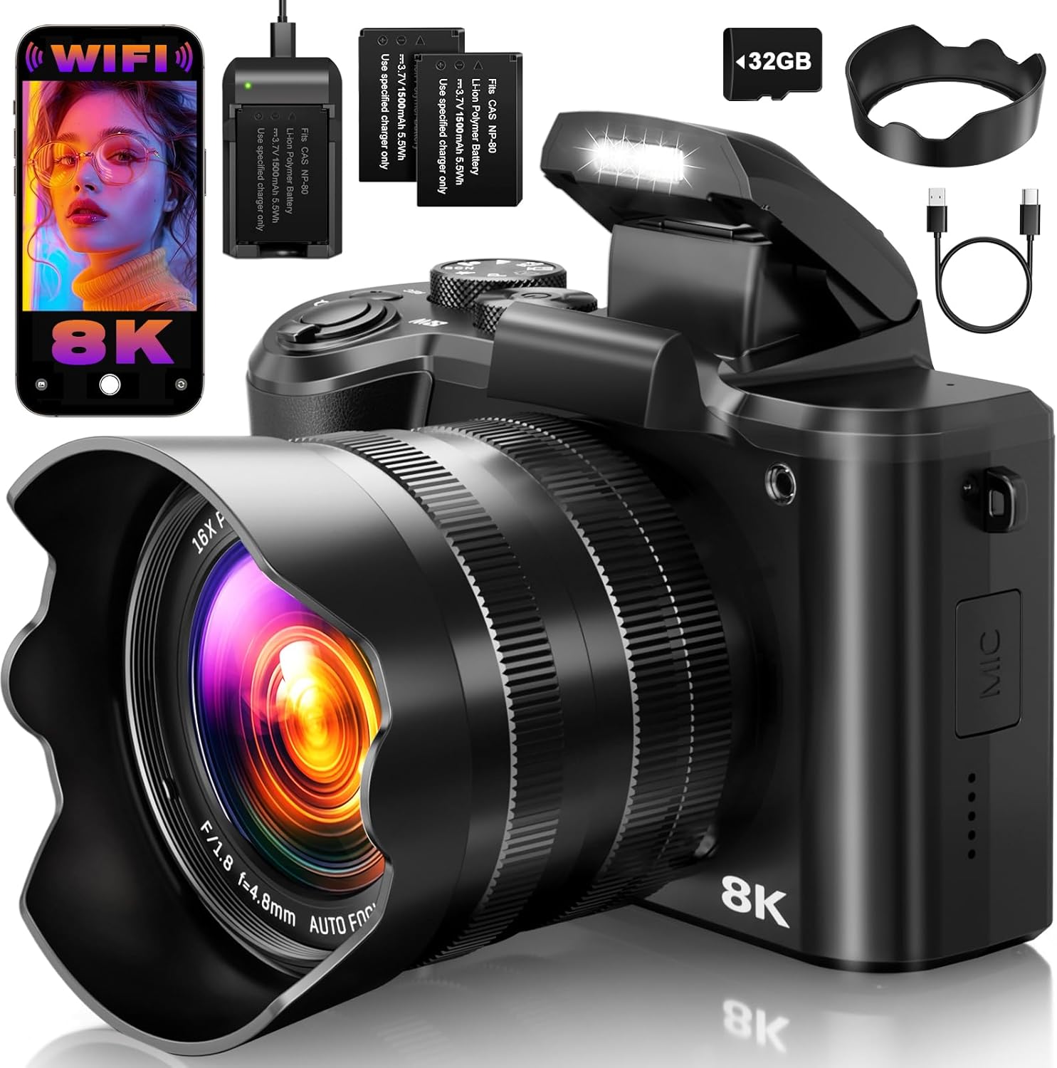 8K Digital Cameras for Photography, 2026 Autofocus 88MP WiFi Professional Photography Camera with Dual-Lens for YouTube, 16X Digital Zoom, TF Card, Lens Hood, Touch Screen,2 Batteries & Charging Stand