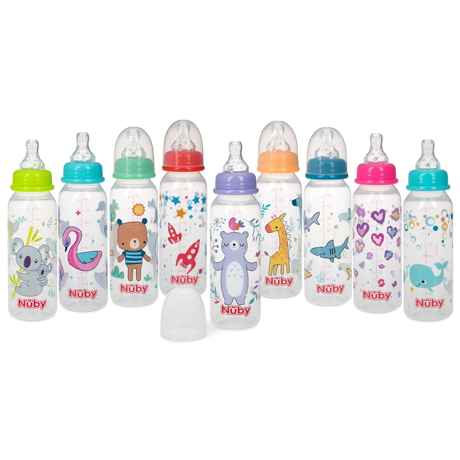 Nuby Standard Neck Tinted Bottle, 8 Ounce, 1 Pack of 1 Bottle, Colors/Patterns May Vary