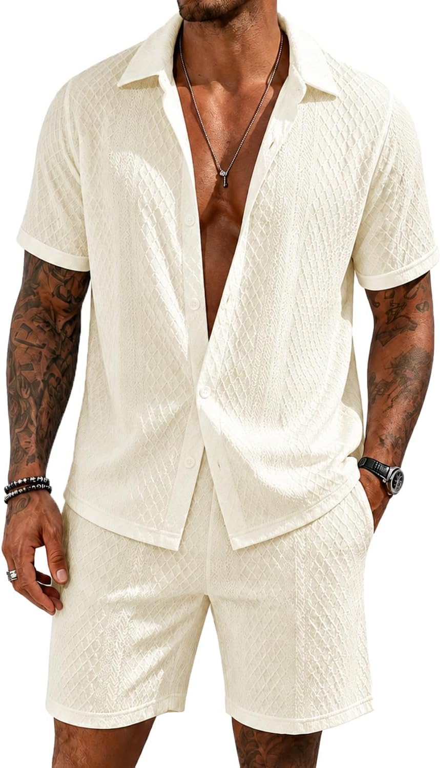 UOUA Mens Summer Outfits Waffle Knit 2 Piece Short Sets Casual Button Down Shirt & Shorts