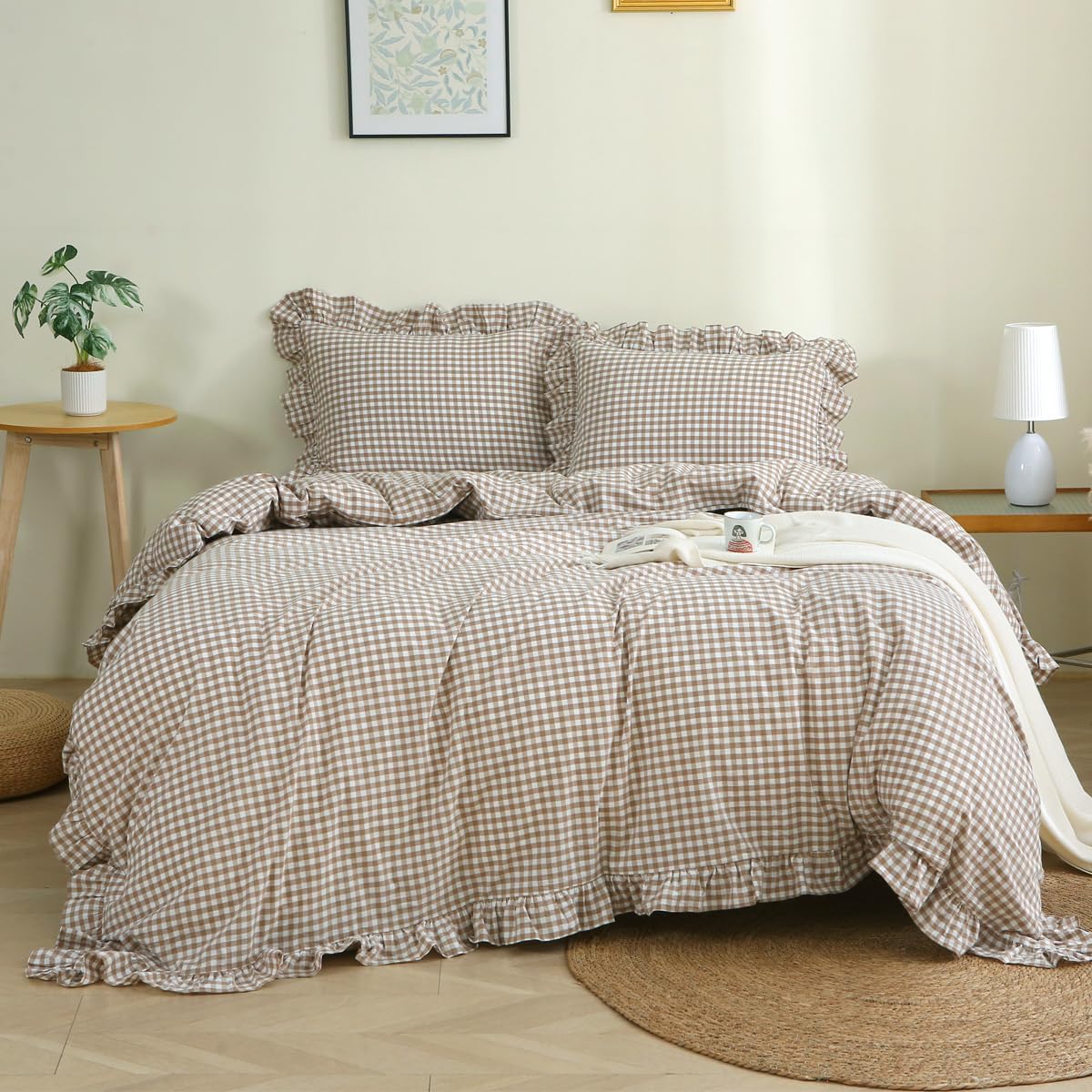 Silnuo Taupe/White Plaid Gingham Ruffle Duvet Cover Set Queen Size | 100% Washed Cotton 3 Piece Vintage Checkered Chic Bedding Set Comforter Cover Set