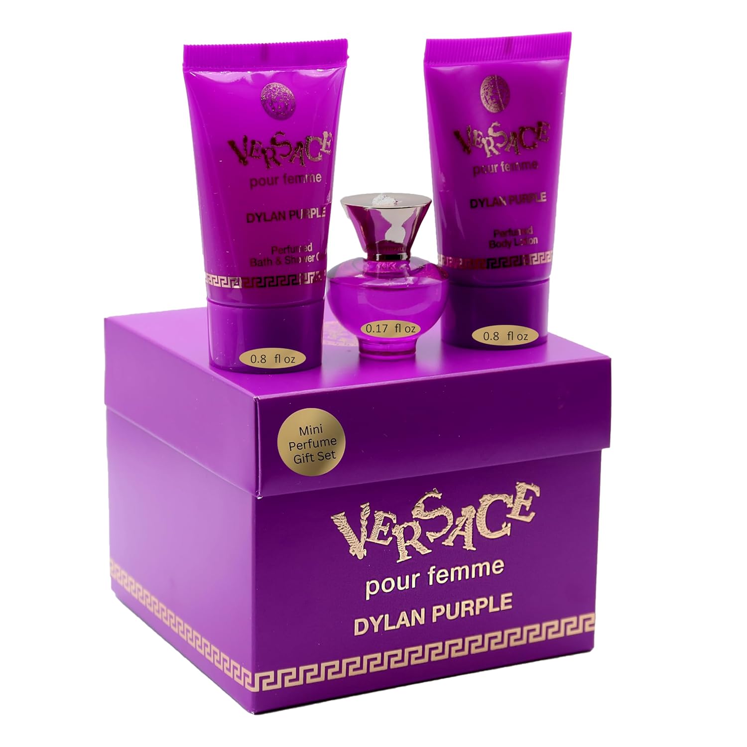 Versace Dylan Purple for Women 3 Piece Set Includes: 0.17 oz Eau de Parfum + 0.8 oz Perfumed Bath Shower Gel + 0.8 oz Perfumed Body Lotion |