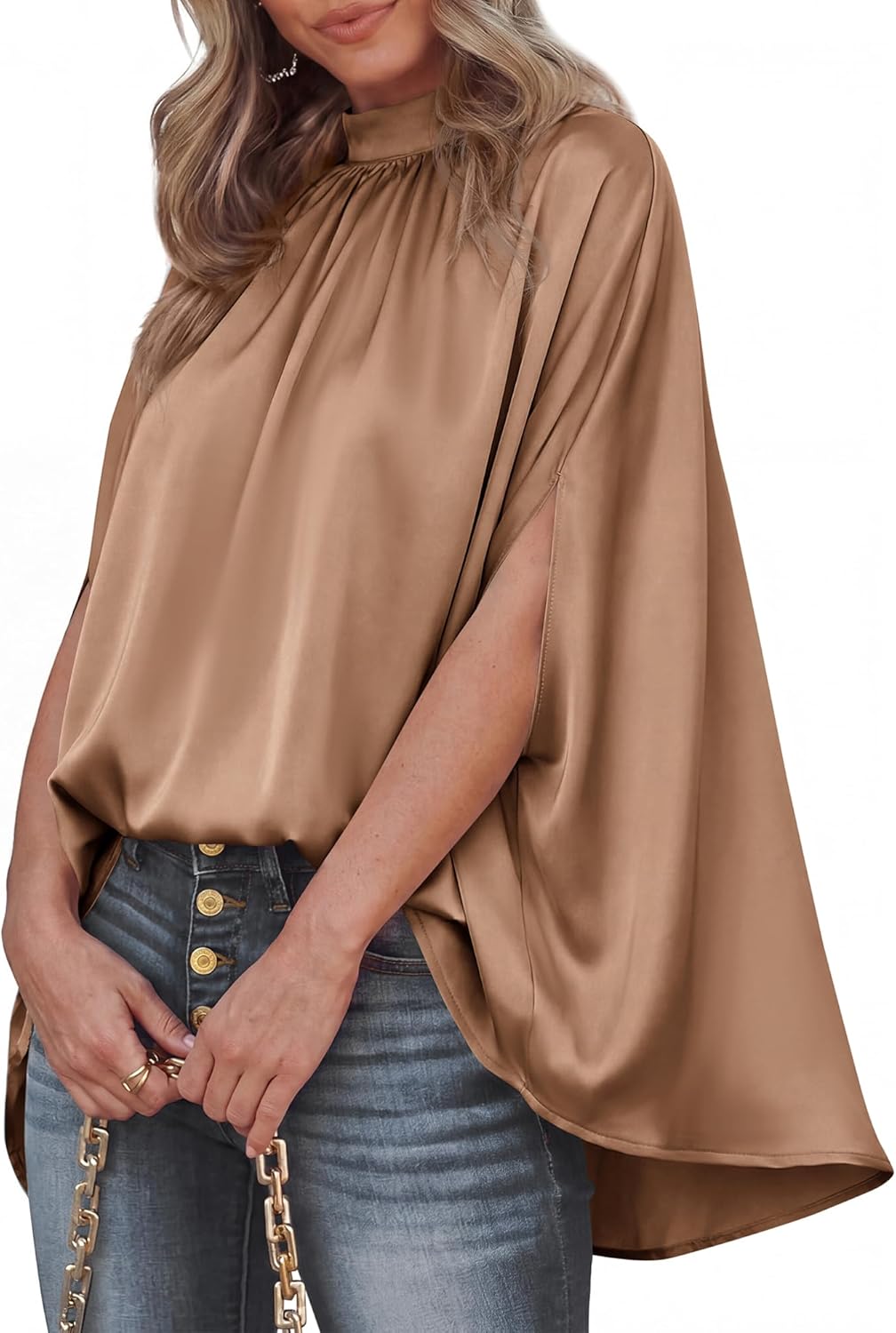BTFBM Womens Summer Tops 2026 Mock Neck Batwing Sleeve Silk Satin Shirts Loose Oversized Dressy Casual Spring Blouses