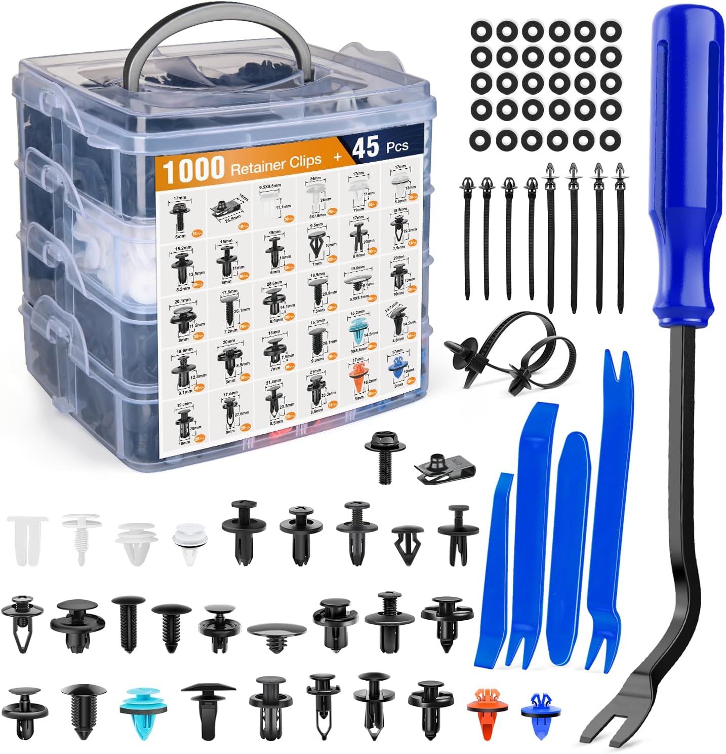 GOOACC 1045Pcs Car Push Retainer Clips & Auto Fasteners Assortment | 30 Most Popular Sizes Nylon Bumper Fender Rivets with Fasteners Remover an 10 Cable Ties for Toyota GM Ford Honda Chevy