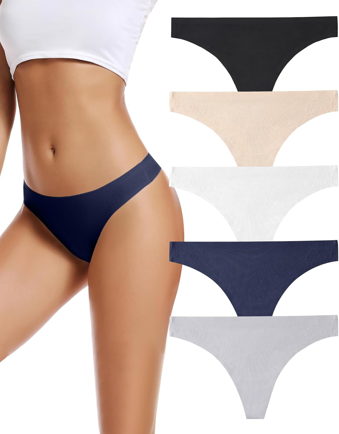 voenxe Seamless Women Underwear Thongs,No Show Ladies Workout Thong,5 Pack | Invisible Breathable Comfortable Mesh Panties,No Seam Soft Low Rise Cut Athletic Undies for Sports Gym Running Exercise Wor