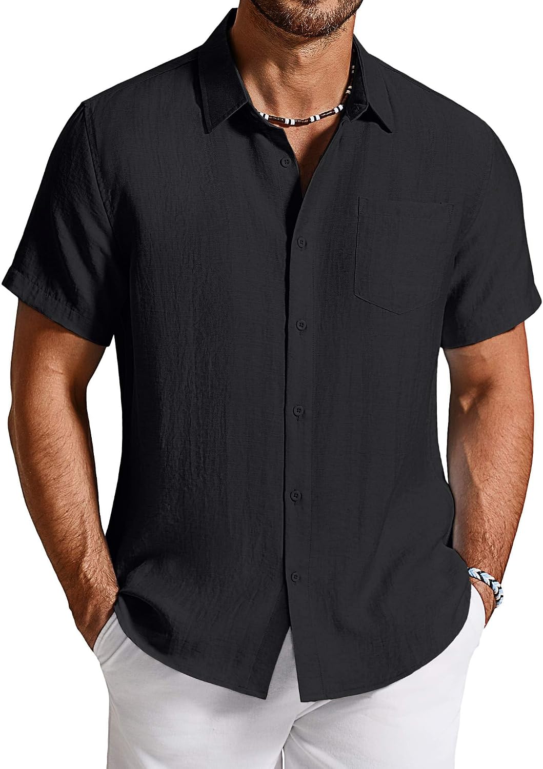 COOFANDY Linen Shirts for Men Short Sleeve Button Down Shirt Casual Beach Summer Vacation Shirt with Pocket