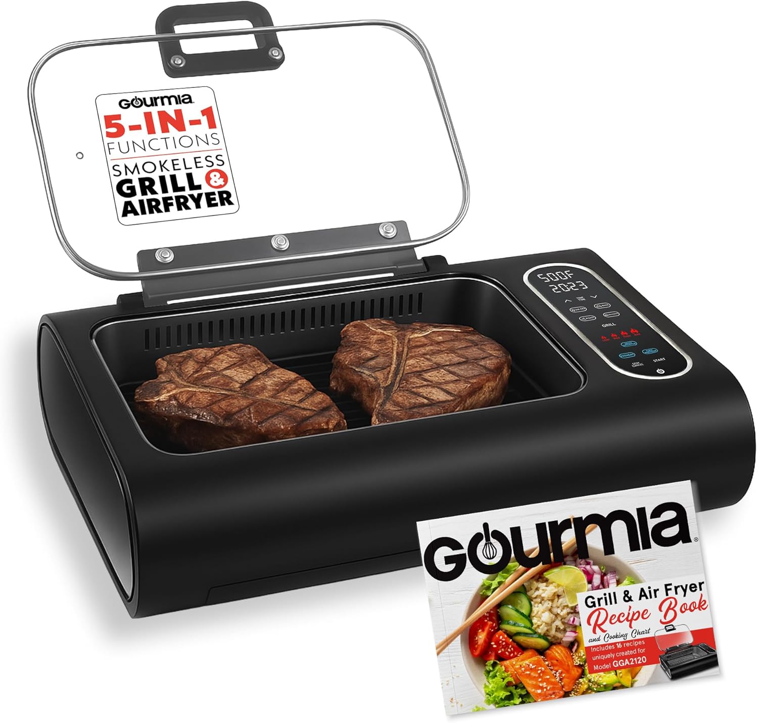 Gourmia Smokeless Indoor Grill - Air Fryer Combo with Smoke Extractor, 5 Cooking Presets, Grill, Air Fry, Roast, Bake, Dehydrate, Countertop Cooker, Glass Lid