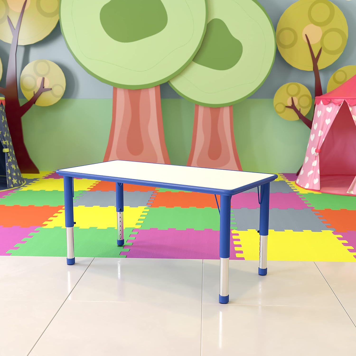 Flash Furniture Kids 47.25x23.6 in Activity Table, Blue/Gray, 3-Pack | Table Only, Adjustable, Plastic, Durable Construction, Commercial Use