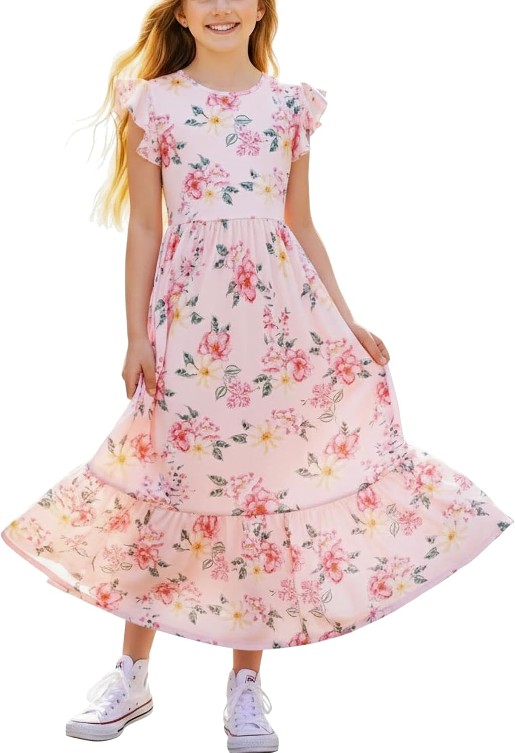 PATPAT Girls Summer Dress for Kids Maxi Tween Girl Teen Floral Casual Short Sleeve Long Dresses with Pockets 5-14 Years