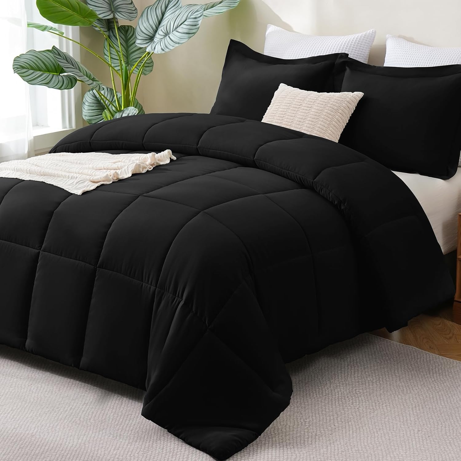 Full Size Comforter Sets, 3-Piece Box-Stitched, Black | 270 GSM Down Alternative Fill, 90 GSM Brushed Microfiber Shell, OEKO-TEX Certified, 82 x 86 in Comforter with 2 Pillow Shams