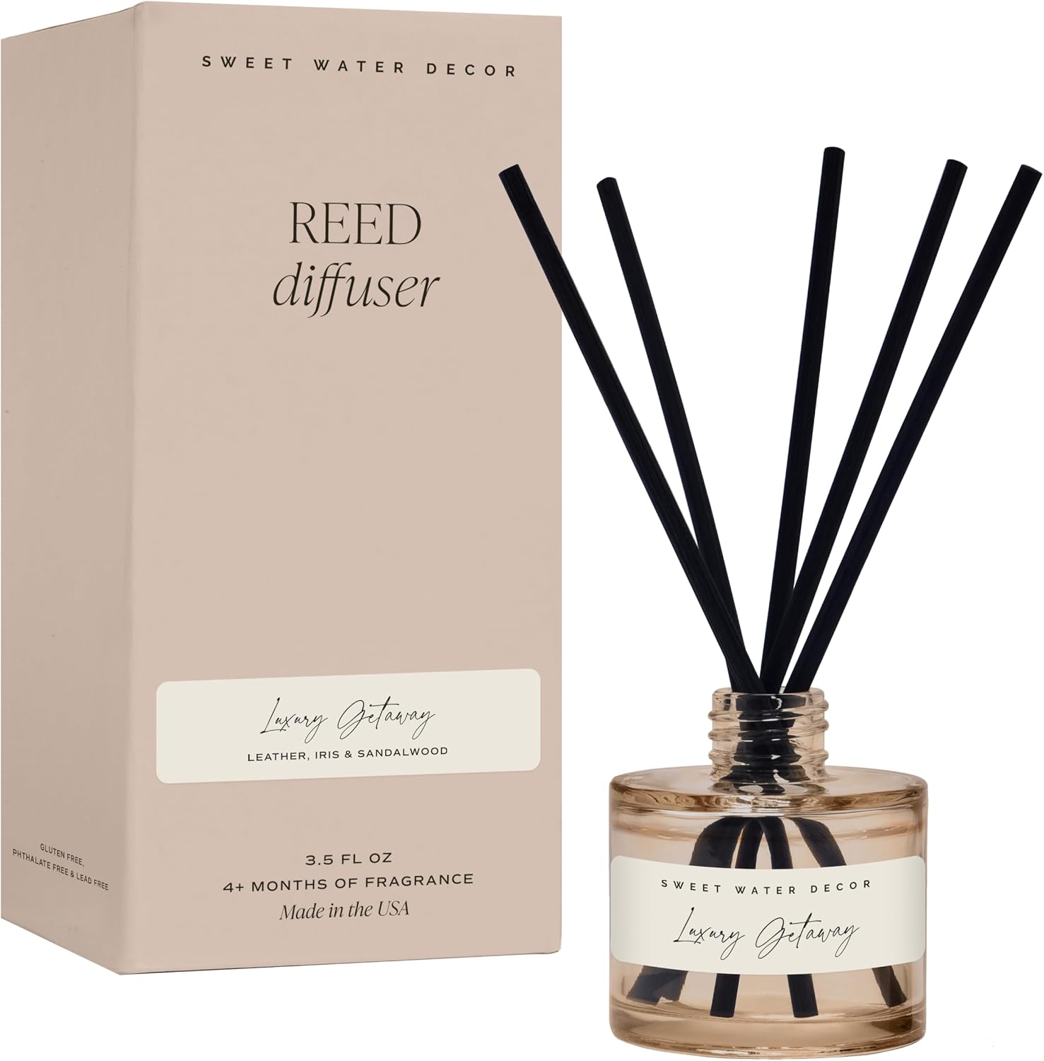 Sweet Water Decor Luxury Getaway Reed Diffuser – Hotel Scent Diffuser with Long-Lasting Premium Fragrance of Leather, Iris, Sandalwood for 4 Months – Ideal for Home Decor