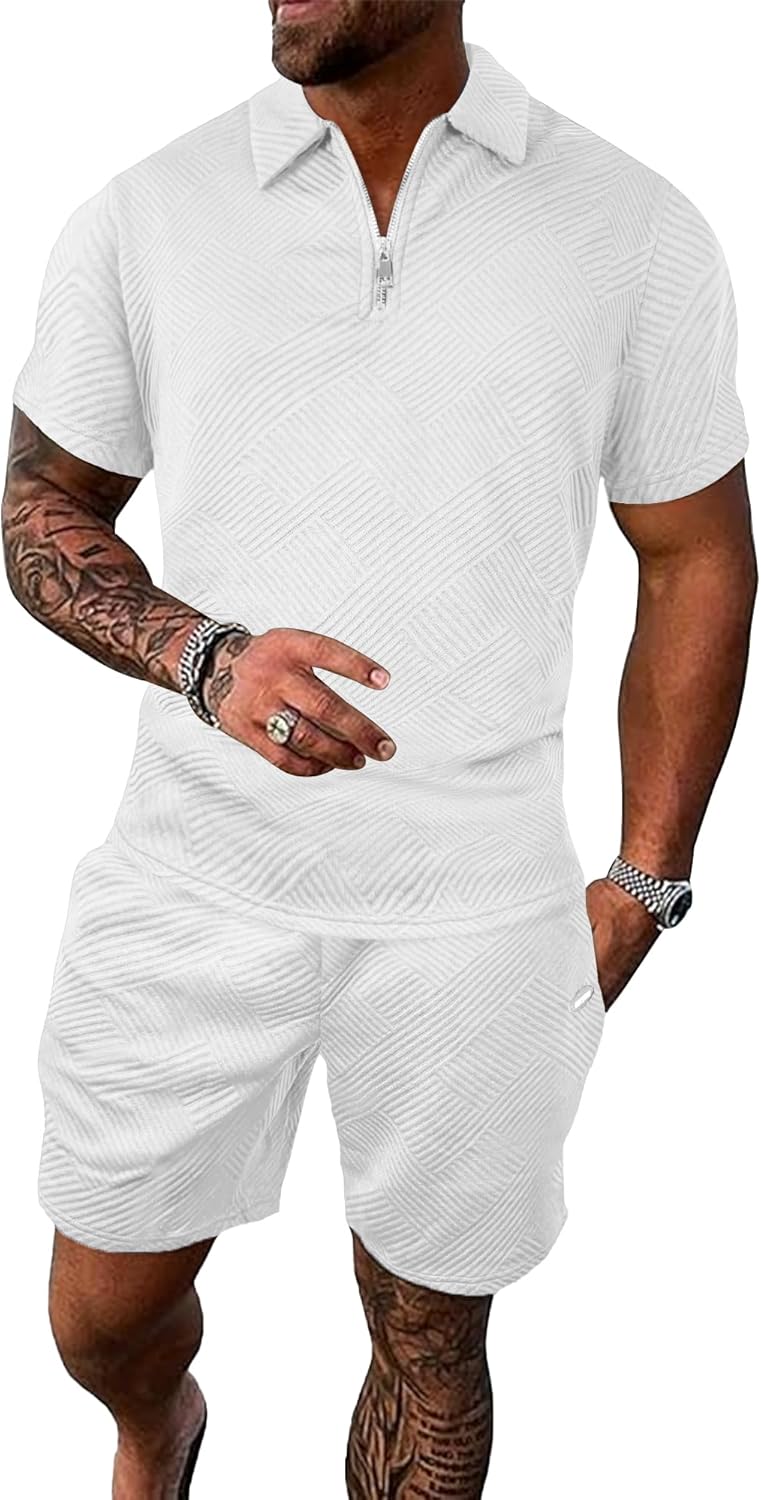 PLEPAN Men's 2 Piece Short Sets Summer Track Suits Casual Beach Outfits 1/4 Zip Golf Polo Shirts with Lightweight 8" Shorts