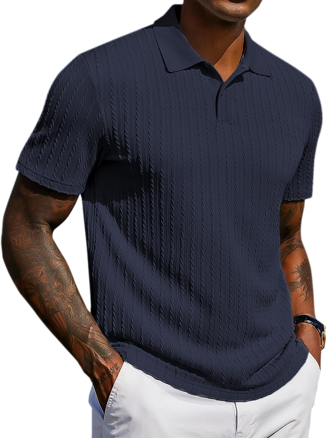 COOFANDY Mens Polo Shirt Casual Short Sleeve Textured Knit Button Polo T-Shirts Summer Vacation Stretchy Golf Shirts