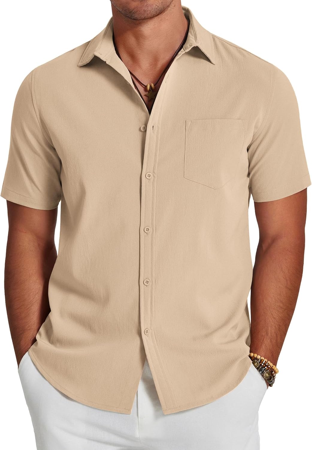 COOFANDY Men's Casual Summer Beach Wrinkle Free Shirts Short Sleeve Button Down Lightweight Untucked Textured Shirt