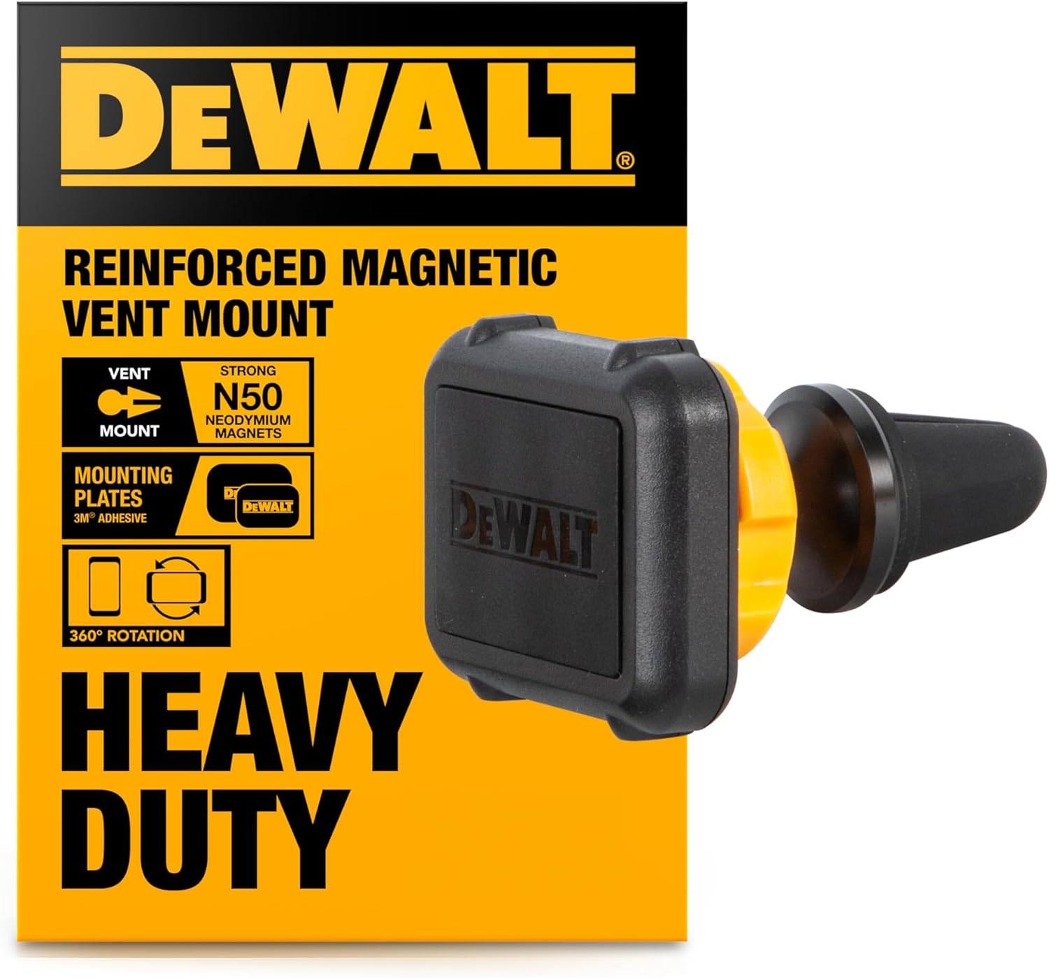 DEWALT Heavy Duty Magnetic Phone Holder for Car, Universal Air Vent Magnetic Car Phone Holder, Reinforced Automobile Mount for Mobile Devices and Mini Tablets, Incl Metal Plates for NonMagSafe Devices