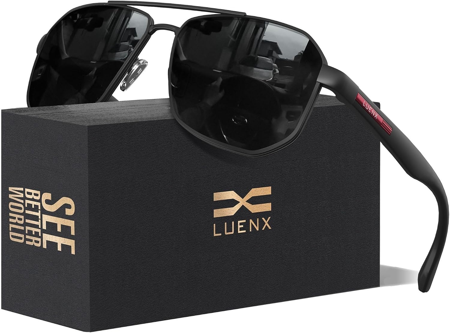 Luenx Aviator Polarized Sunglasses for Men: Square UV400 Driving | Big Head Fit,Lightweight,Adjustable Nose Pads,Anti-slip,Impact-resistant,Scratch-Resistant,Gift-Ready Set