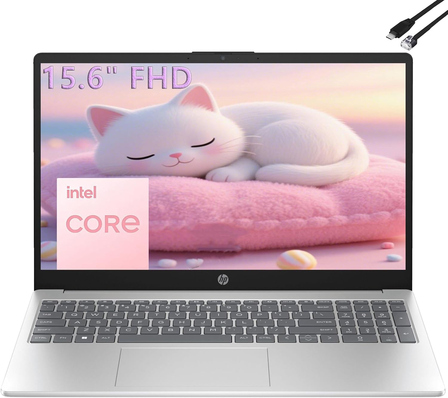 HP 15.6" FHD Laptop 2026 Edition with Copilot AI, 16GB RAM, 512GB SSD, Intel Processor, Long Battery Life, Lightweight 3.64 lbs, Microsoft 365, Windows 11 for Students & Office, Type-RJ45 Cable