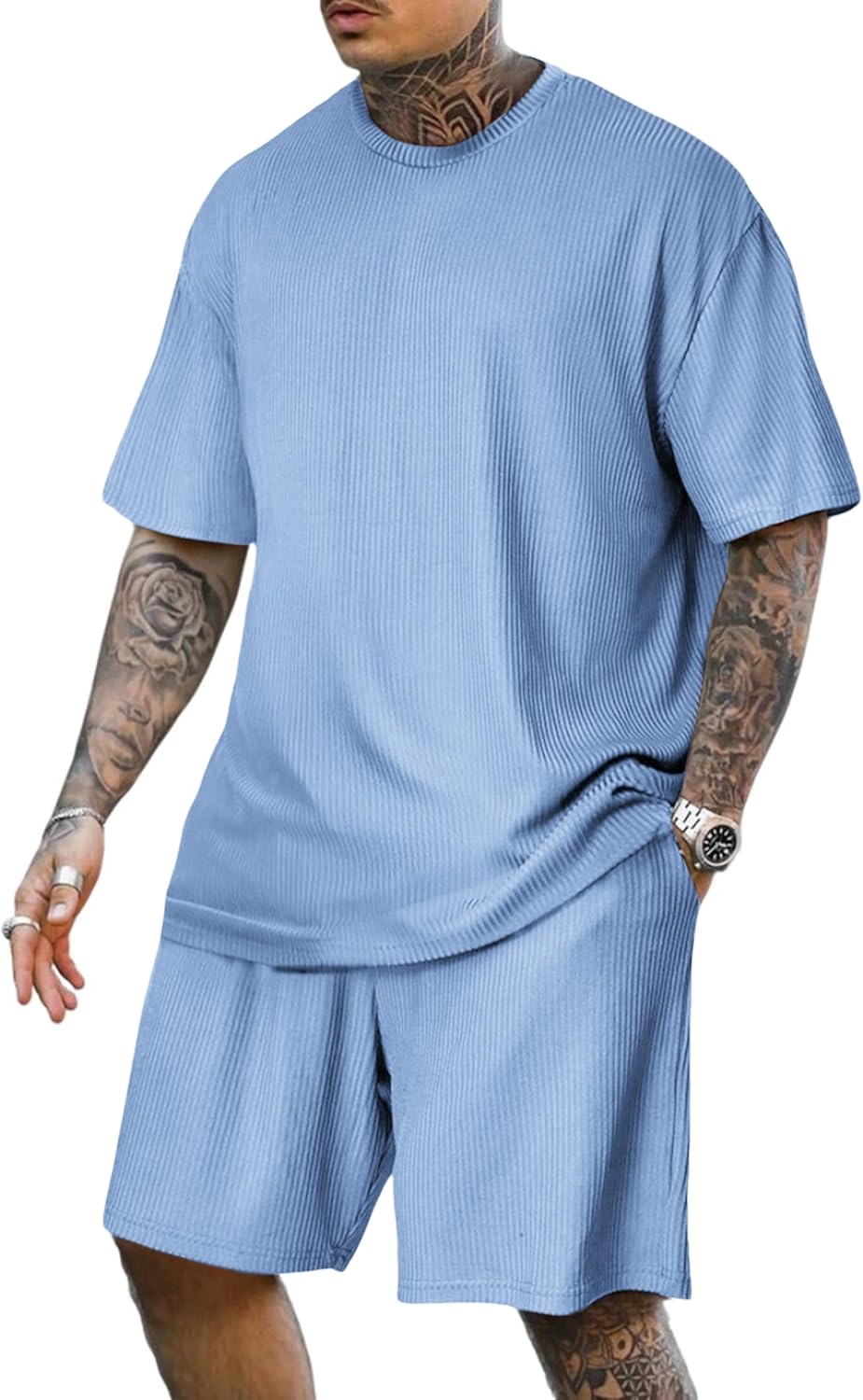 Lexiart Mens Casual 2 Piece Outfits-Short Sleeve Athletic Set Oversize T-Shirts Drawstring Tracksuit Set