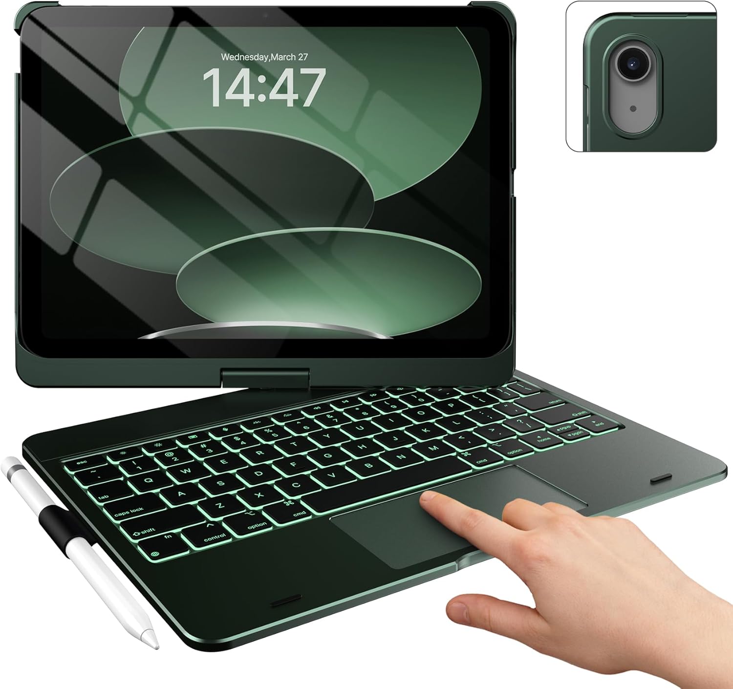 typecase Touch iPad 11th 10th Generation Case with Keyboard (11" 2025, A16 & 10.9" 2022) – 360° Rotatable, 11-Color Backlit, Multi-Touch Trackpad, Pencil Holder, Thin & Light – Midnight Green