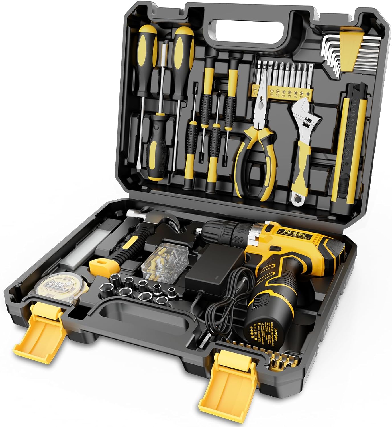 Sundpey Home Tool Kit with Drill - 166-Piece General Basic Home Repair Tool Set with 12V Cordless Power Drill & Battery & Charger & Portable Tool Box for Garden Office House Apartment Repair Men Women