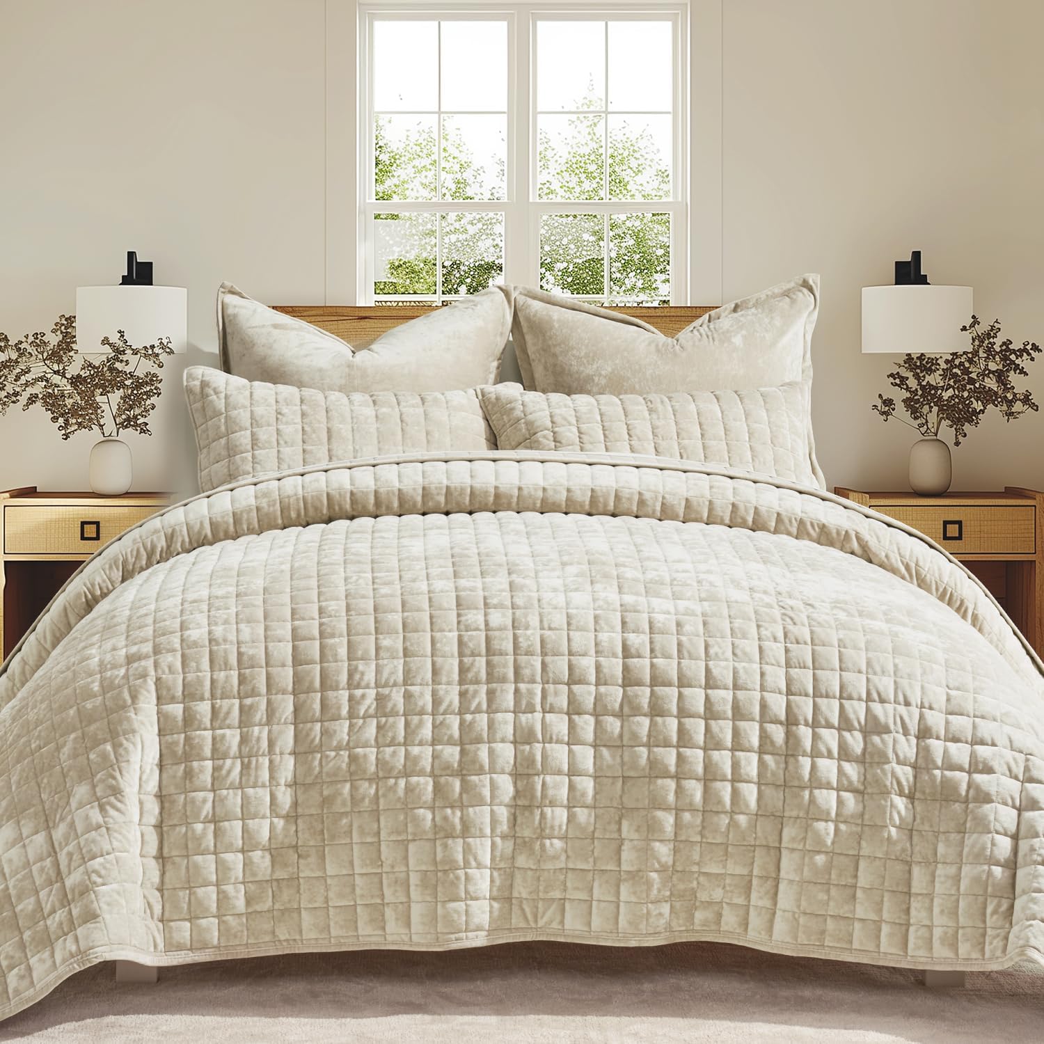 RECYCO Channel Box Stitch Velvet Quilt Set, King Size, Beige | Ultra Soft Lightweight Velvet Comforter, Luxury Oversized Bedspread Coverlet, Quilted Bedding Set for All Season with 2 Shams