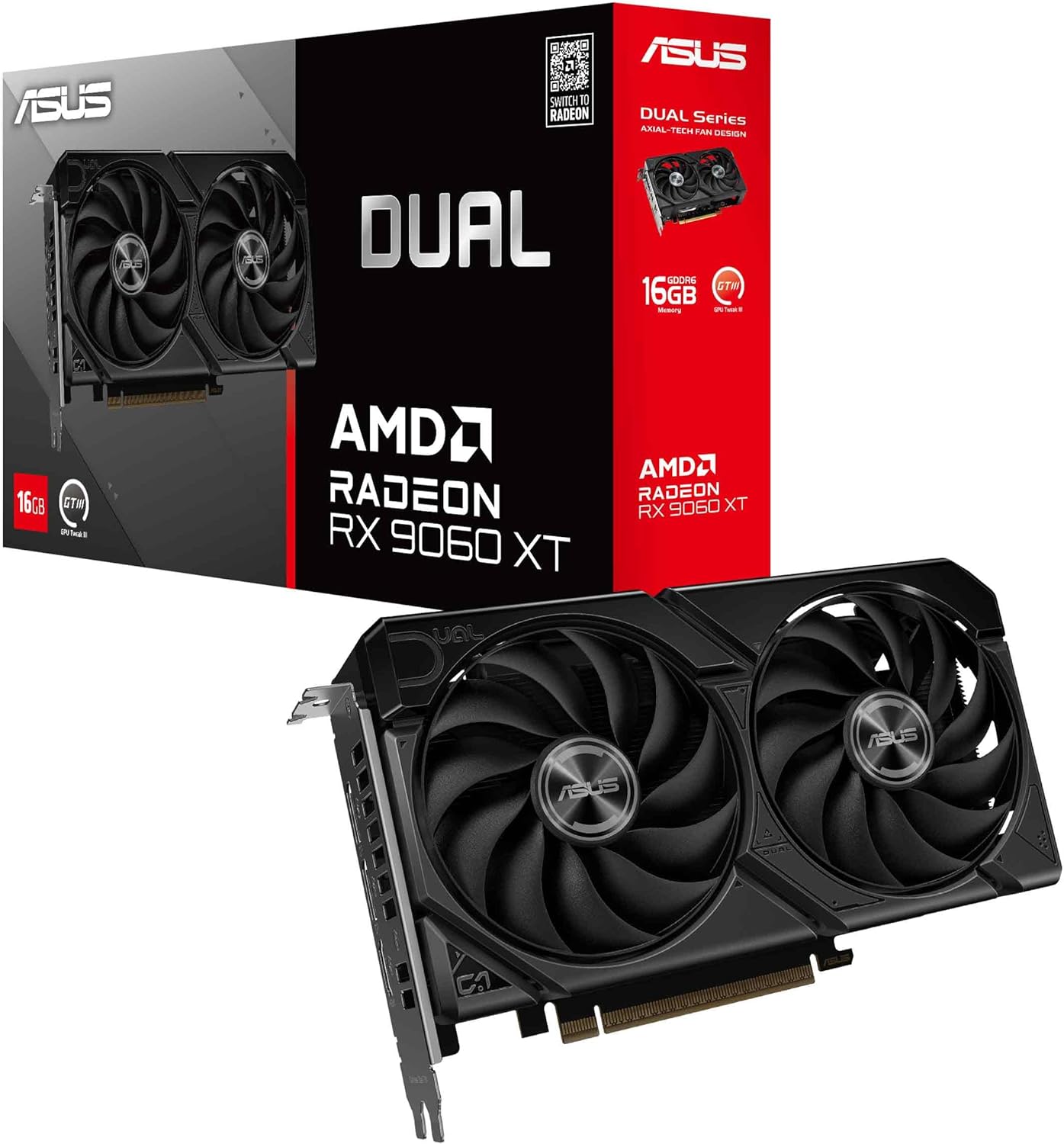 ASUS Dual Radeon RX 9060 XT 16GB GDDR6 Graphics Card, AMD, for Desktop (PCIe 5.0, HDMI 2.1b, DisplayPort 2.1a, 2.5-Slot, Axial-tech Fan, 0dB Technology, and More)