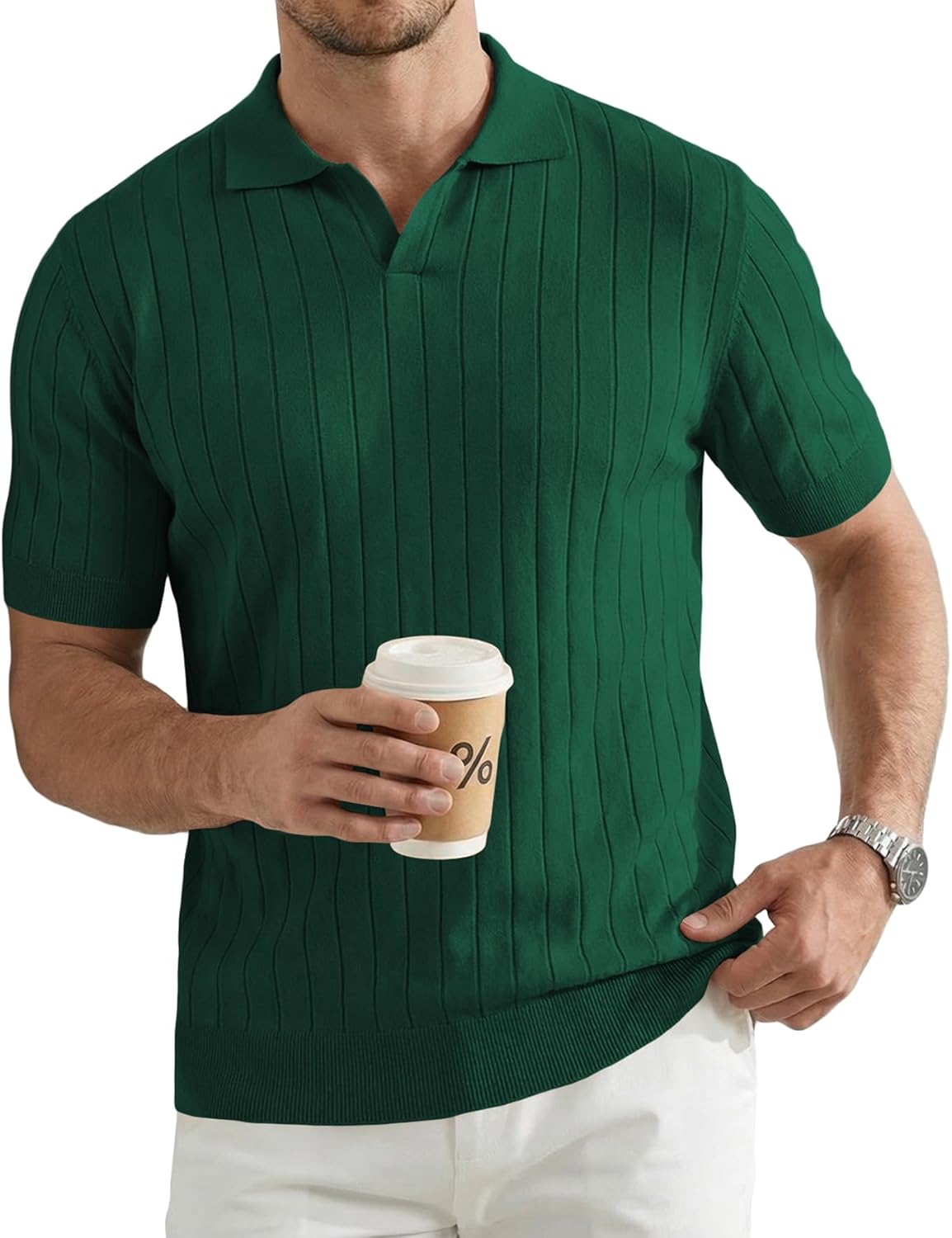 JMIERR Men's Short Sleeve Knit Polo Shirts Ribbed Texture Johnny Collar Sweater for Casual Summer Wear