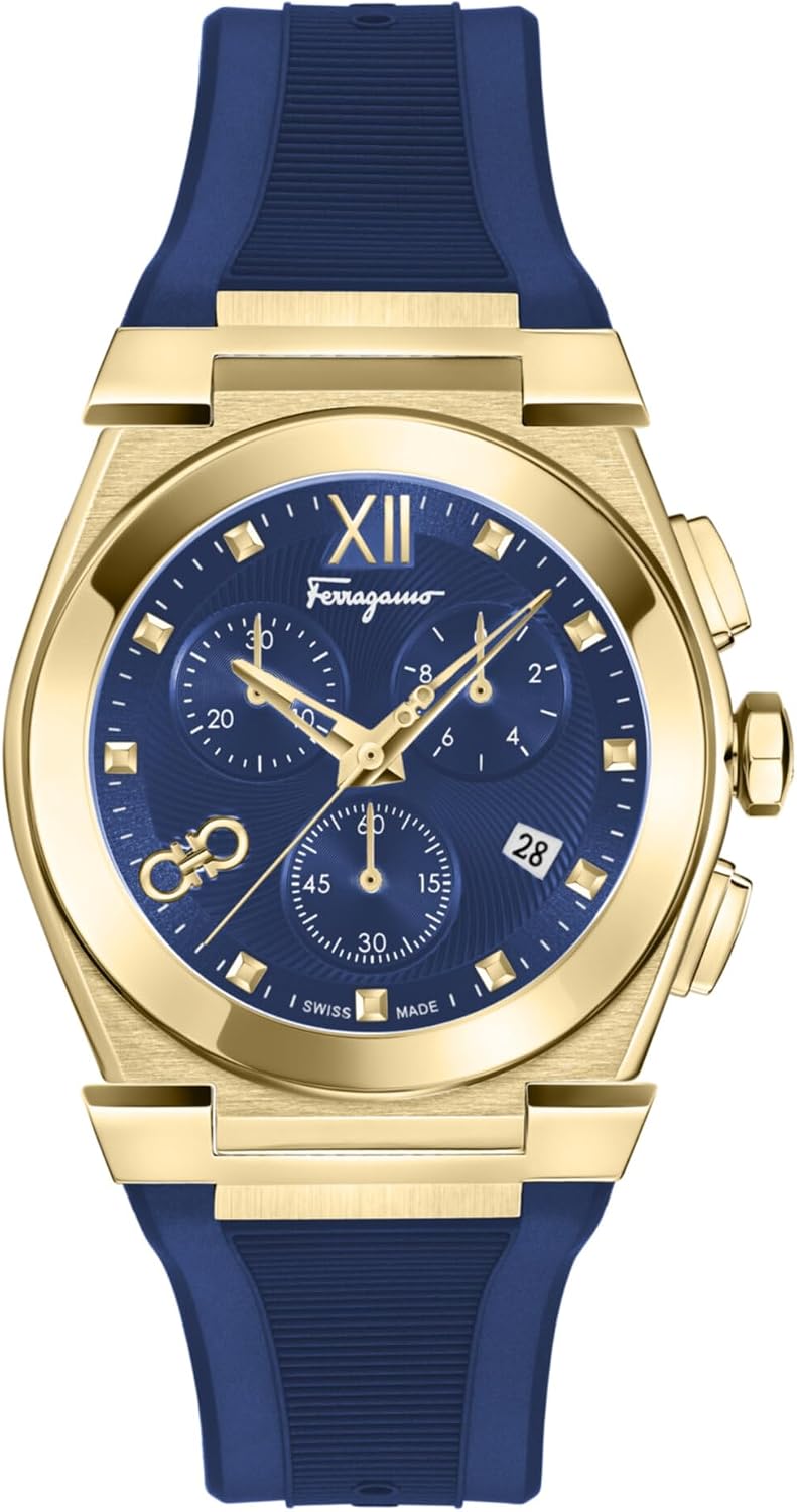 Ferragamo Vega Chrono Men’s Watch, Swiss Made Luxury Designer Watch for Men with Blue Guilloche Dial, 40mm IP Yellow Gold Case, Blue Silicone Strap, Deployant Clasp, 5 ATM
