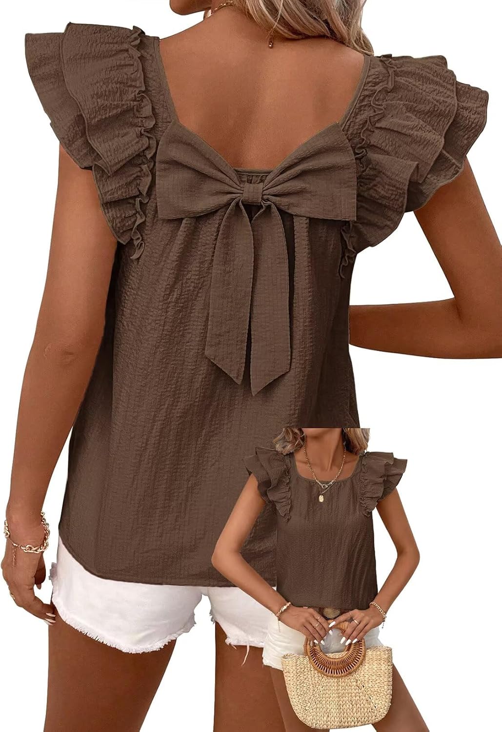 Falechay Womens Bow Tie Back Tops Round Neck Ruffle Short Sleeve Shirts Cute Babydoll Chiffon Tee Women Summer Trendy Tunic