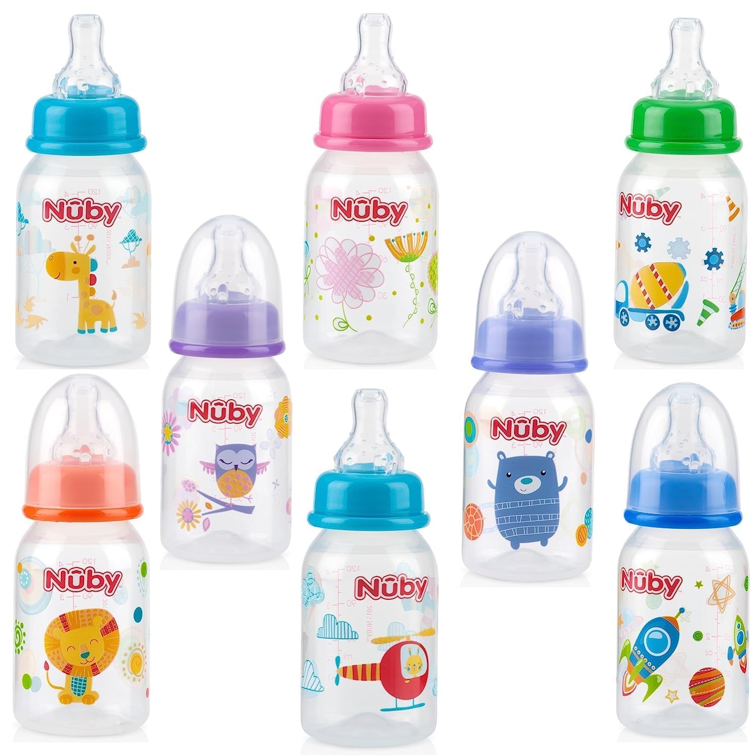 Nuby Printed Non-Drip Bottle, 4 Ounce, 1 Pack of 1 Bottle, Colors May Vary