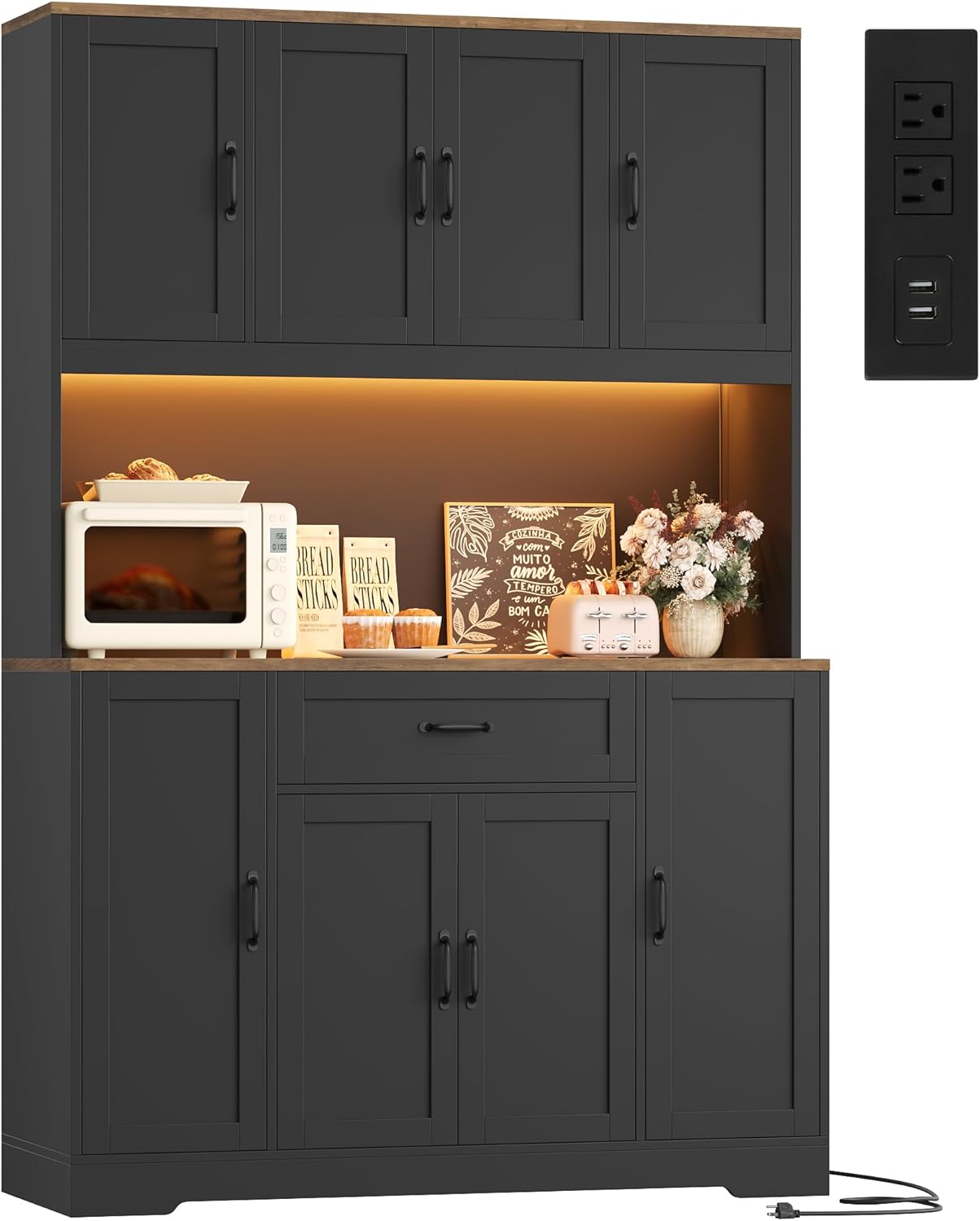 HITHOS 70" H LED Kitchen Pantry Cabinet, Hutch with Charging Station, Black | Dining Room Hutch Cabinet with Microwave Stand & Large Storage Drawer, 47"W Coffee Bar for Kitchen Appliances, Foods, Cans