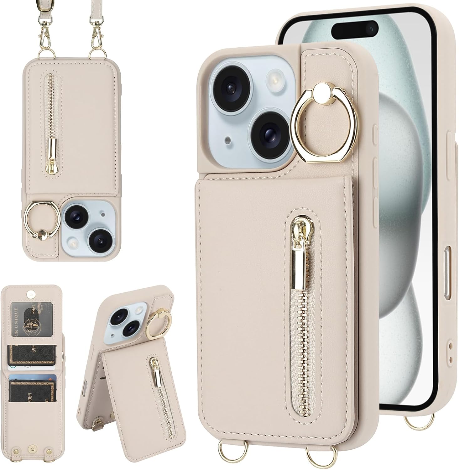 for iPhone 13/14 Wallet Case with Strap Card Slot Holder RFID Blocking Ring Kickstand,Magnetic Flip Folio Zipper Crossbody Purse Case with Lanyard,PU Leather Cover Handbag,Beige