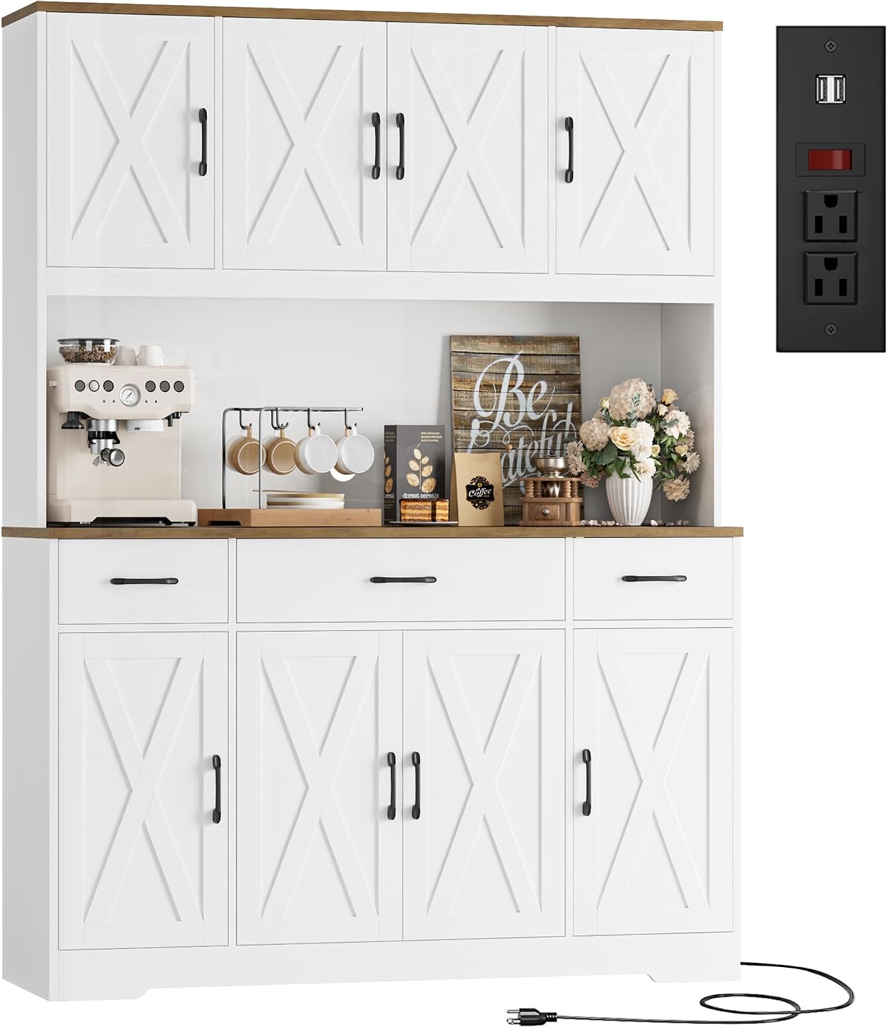 HOSTACK 71" Tall Kitchen Pantry Storage Cabinet, 55" W Kitchen Hutch, White | Large Pantry Cabinet with Charging Station / Countertop / 3 Drawers, Farmhouse Hutch Cabinet with Storage for Dining Room