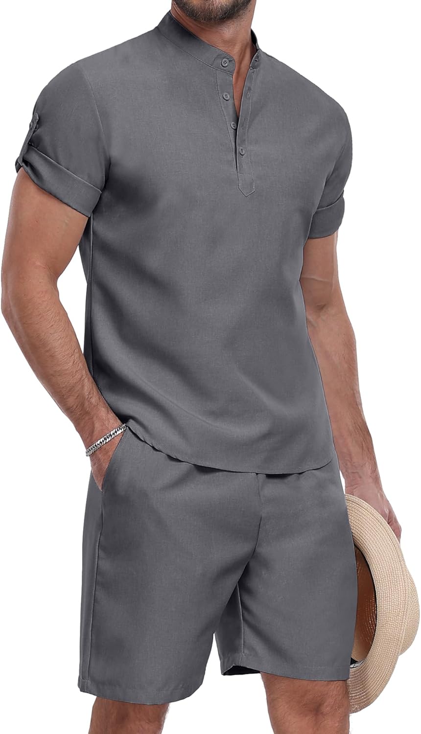 YTD Men's 2 Pieces Set Short Sleeve Henley Shirts and Shorts Texture Summer Beach Vacation Outfits
