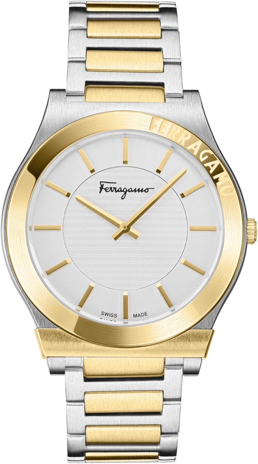 Ferragamo Gancini Men’s Bracelet Watch, Swiss Made Luxury Designer Watch for Men with Silver Sunray Dial, Two-Tone 42mm Stainless Steel Case, Bracelet, Deployant Clasp, 5 ATM