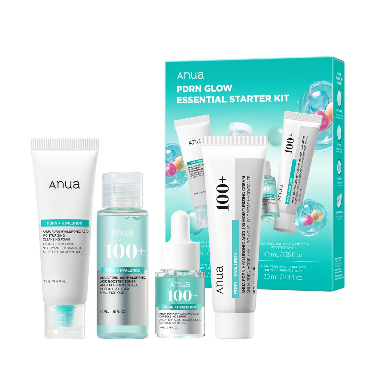 Anua Salmon DNA PDRN Glow Essential Starter Kit, Hyaluronic Acid Skincare Set, Glass Skin Routine with Firming & Hydrating Cleanser, Toner, Serum & Cream, Mini Travel Essentials, Korean Skincare Gift