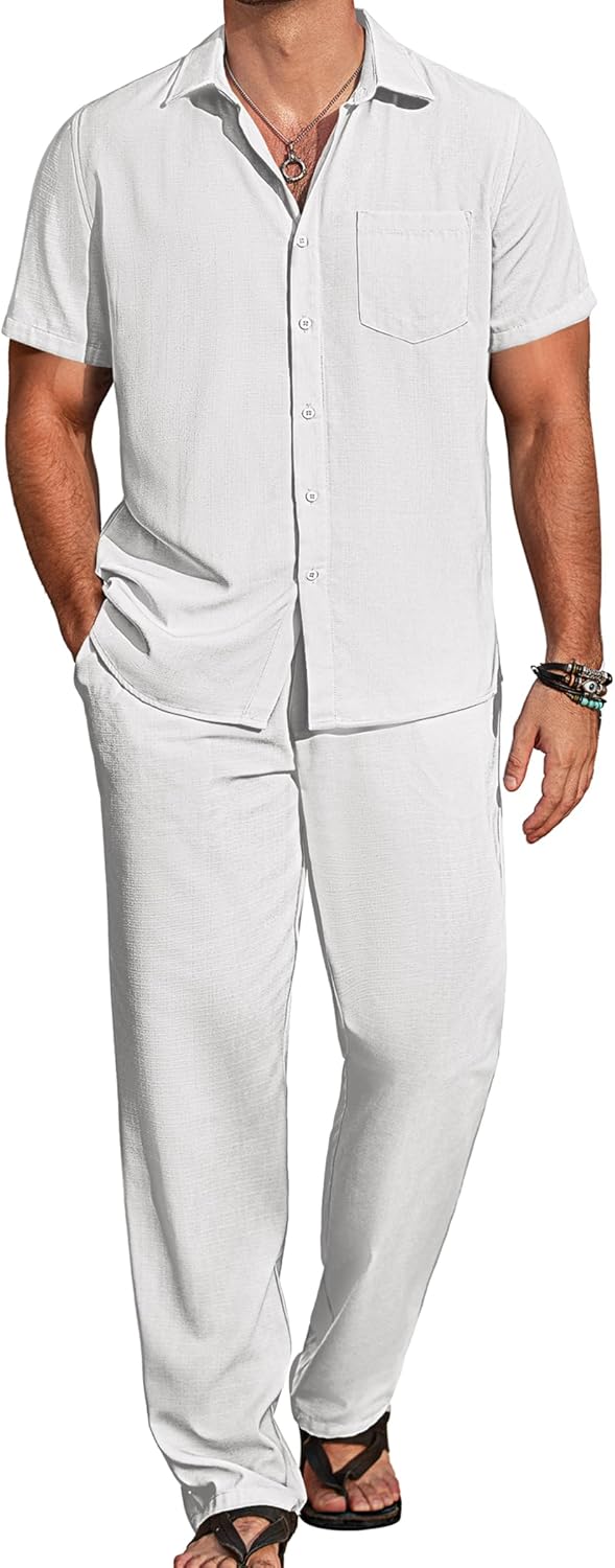 COOFANDY Mens 2 Piece Casual Beach Outfits Short Sleeve Button Down Shirts Summer Loose Pant Sets Vacation Walking Outfits