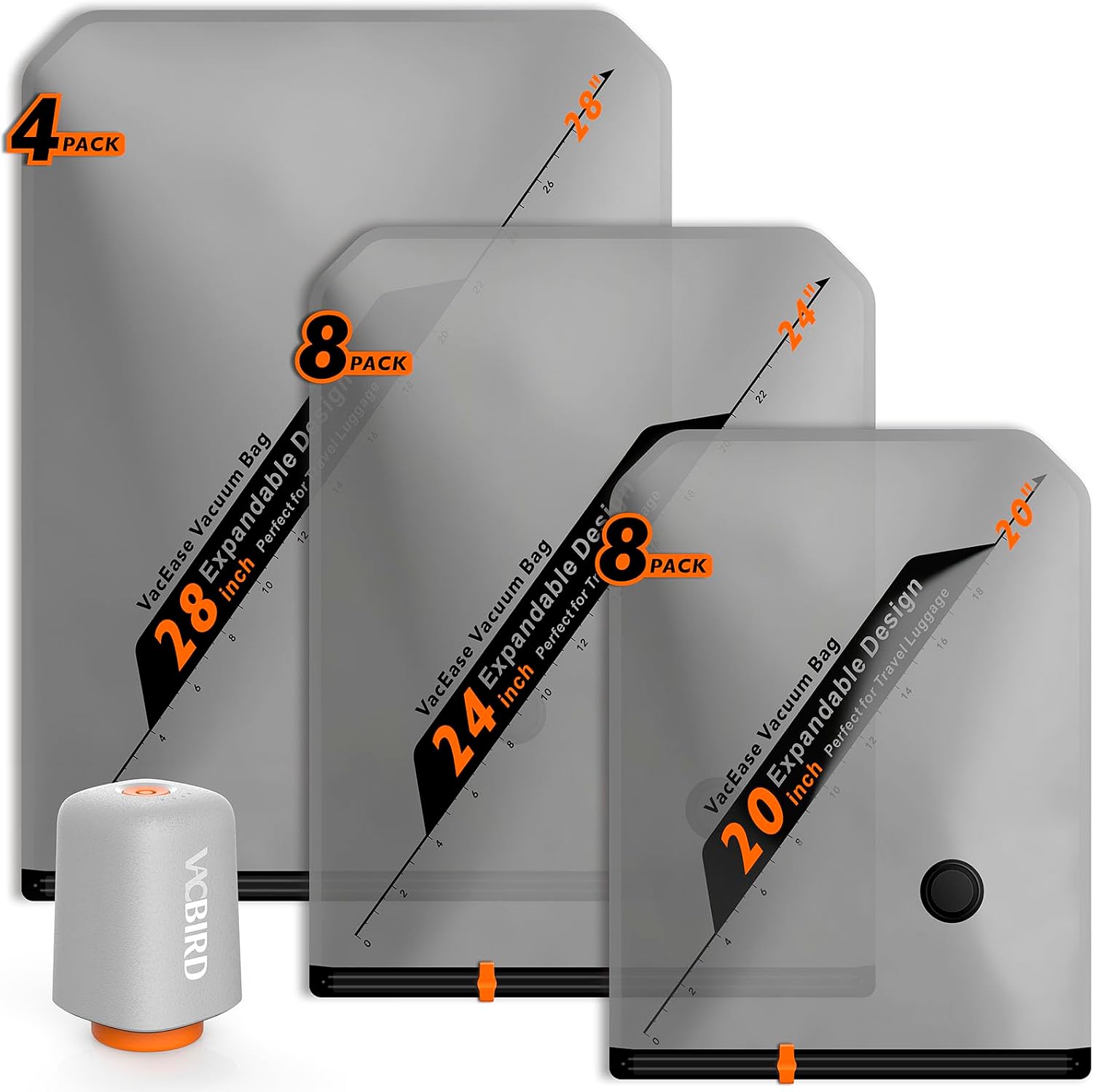 Vacbird Rechargeable Wireless Pump Travel Storage Bags Set - 20 Pack Portable Space Saver Bags for Travel & Home - Vacuum Compression Packing Seal for Clothes, Blankets, Seasonal Storage