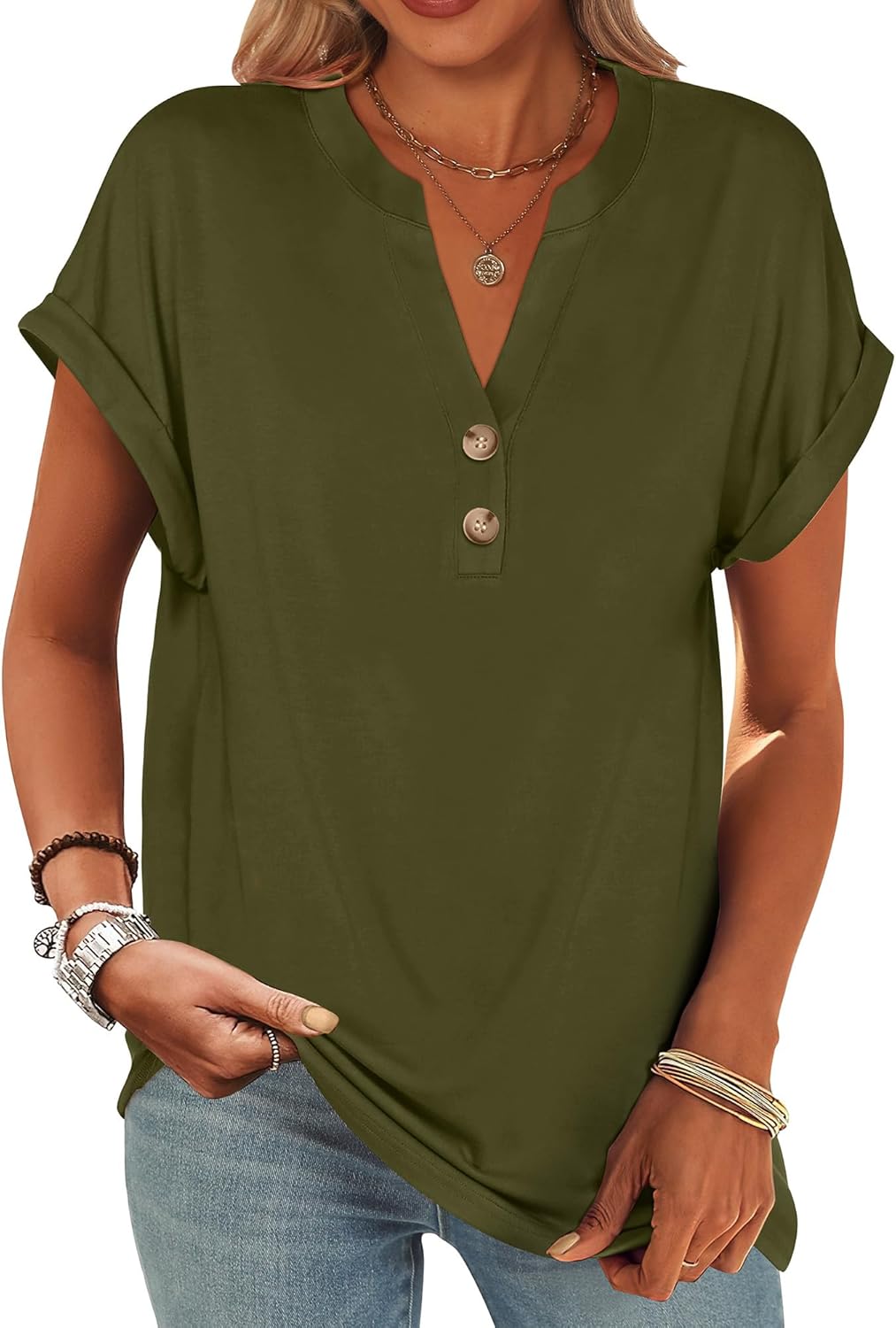 ANRABESS Womens Short Sleeve Henley Tops V Neck Dressy Casual Blouses Summer Trendy Tee Shirts 2026 Vacation Fashion Clothes