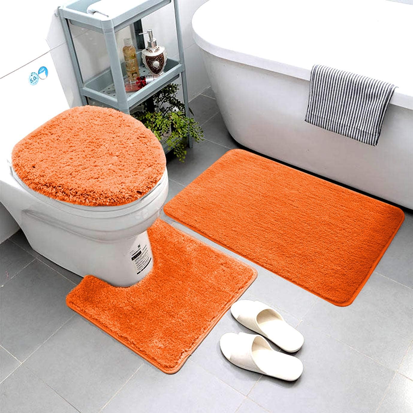 Luxury Home Goods 3 Piece Solid Super Soft Microfiber Bathroom Rug Set Includes Bath Rug, Contour Mat, and Toilet Lid Cover, Non-Slip Bath Rugs with Rubber Backing, Machine Washable (Orange)