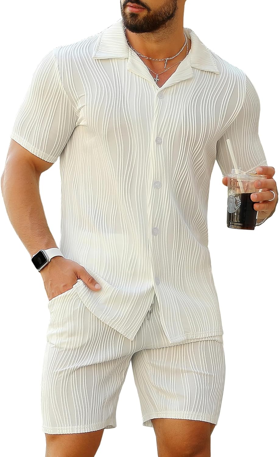 URRU Men's 2 Piece Outfits Short Sleeve Casual Button Down Shirt and Shorts Set