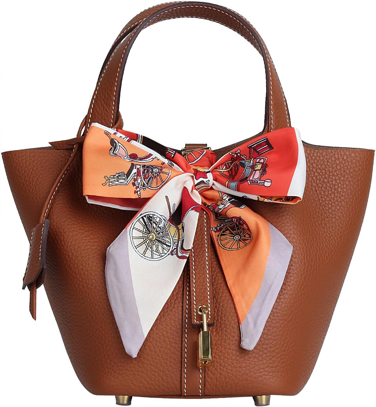 Genuine Leather Bucket Bag with a Scarf for Women Handbag tote bag with metal clasp, market tote bag
